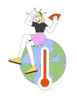 Global warming 2D illustration concept. Climate crisis. Caucasian woman suffering from heat on earth globe with thermometer cartoon character isolated on white. Metaphor abstract flat graphic vector