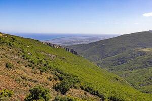 Panoramic view of Corsicas eastern coastline captured from the mountainous inland with lush greenery photo