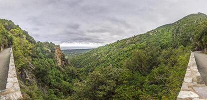 Panoramic view of Corsicas eastern coastline captured from the mountainous inland with lush greenery photo
