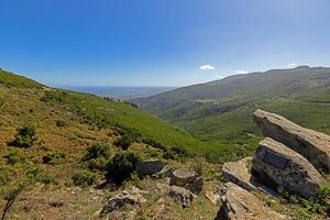 Panoramic view of Corsicas eastern coastline captured from the mountainous inland with lush greenery photo