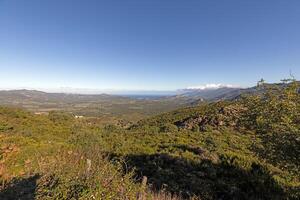 Panoramic view of Corsicas eastern coastline captured from the mountainous inland with lush greenery photo