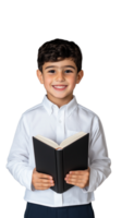 Smiling boy holding open book on transparent background png