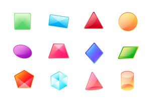 A set of realistic 3D icons of geometric shapes. Circle, square, rhombus, triangle, prism, cone, trapezoid, oval, etc. Suitable for teaching children. vector