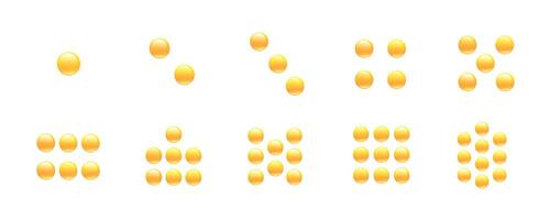 A set of images of numbers in the form of groups of gold-colored balls from one to ten. Suitable for teaching children counting and arithmetic. vector