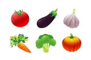 A set of realistic 3D icons of vegetables that are a source of carotene. Broccoli, pumpkin, carrot, eggplant, tomato. vector