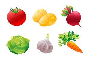 Set of realistic 3D icons of vegetables ingredients for borscht. Beetroot, cabbage, garlic, potato, tomato, carrot. vector