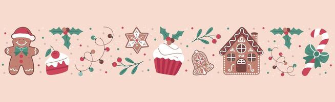 Christmas pattern with a cookie, lollipop, cupcake, gingerbread man, and house vector