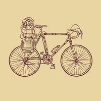 Bicycle equipped for adventure. Art in free and uncluttered lines. vector