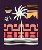 Graphic style drawing of a coconut tree silhouette at sunset. vector