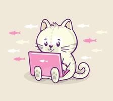 Cartoon style cat illustration sitting at laptop. Art with simple and delicate lines. vector