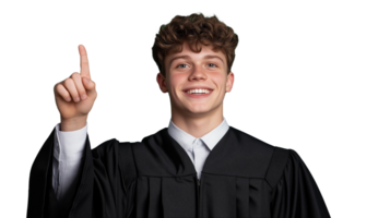 Smiling graduate pointing up on transparent background png