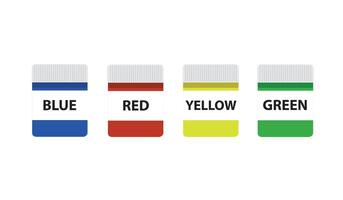 Set of Gel food coloring in bottles blue, red, green and yellow color. Food coloring collection. flat cartoon illustration isolated on white background vector