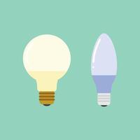 Led lamps and energy saving light bulbs. Set of two bulbs different shape and color for electric lighting. Flat illustration of led bulbs isolated on green background. vector