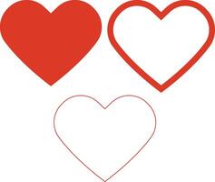 Set of red hearts in three different styles, solid red heart, thick outlined heart and light outlined heart, all on a clean white background. vector
