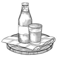 Bottle and glass of milk or water. illustration of dairy product on tablecloth in linear style for cookbook recipe or product label painted by black inks. Monochrome outline sketch of drink. vector
