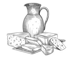 Pitcher with milk and Cheese slices illustration. Outline drawing of dairy products painted by black inks for cookery book or menu. Linear sketch of food and drinks with jug and farm products. vector