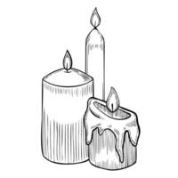 Candles with flame illustration. Outline drawing of object for party celebration painted by black inks on isolated background. Etching of cozy home decor for meditation. Engraving candlelight. vector