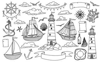 clipart with Sailboat and Lighthouse for Baby design in nautical style. Linear Drawing of Beacon and Ships for childish coloring book. Line art marine set for kids. Outline etching. vector