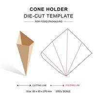 Cone holder die cut template with 3D blank mockup vector