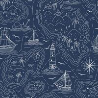 Sea map seamless pattern. Linear nautical backdrop with islands, lighthouse, sailboats on dark blue background for wallpaper, wrapping paper or textile design. White drawing with ships. vector