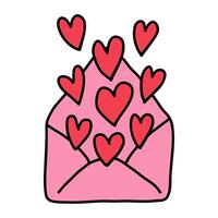 Single happy Valentines day envelope with red hearts flying away. Hand drawn envelope with declaration of love on Valentine's day. Receive message in envelope on Valentine's, Mother's or Women's Day vector