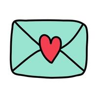 Valentine envelope with heart stamp in doodle style. Hand drawn cute envelope with pink heart isolated on white background. Concept send your declaration of love in heart envelope for Valentines Day vector