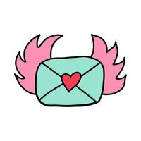 Flying envelope with heart stamp and wings in doodle style. Hand drawn cute envelope with wings and pink heart isolated on white background Send your declaration of love in envelope for Valentines Day vector