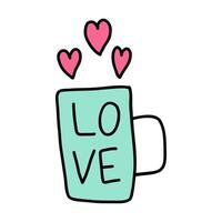 Cup with text Love and flying red hearts instead of steam in doodle style isolated on white background. Hand drawn cute cup for Valentine's Day, perfect for expressing love with charming cup design vector