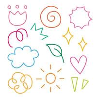 Doodle and abstract hand drawn cartoon with colorful line for illustration. Element of sun flower star music party vector