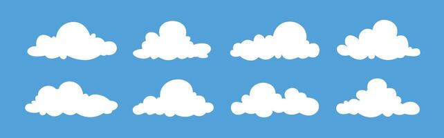isolated white clouds minimalist collection, set of 8 flat cartoon clouds vector