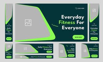 Daily body fitness web set banner design for social media post, everyday workout plan web bundle banner design, customizable eps 10 file format vector