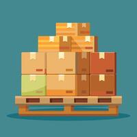 Boxes on wooded pallet illustration, flat style warehouse cardboard parcel boxes stack front view vector