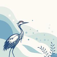 Heron standing in abstract nature with blue and white wavy lines and plants vector