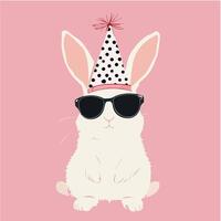 Illustration of a white bunny wearing a polka-dot party hat and sunglasses on a pink background, ideal for festive and playful designs. vector
