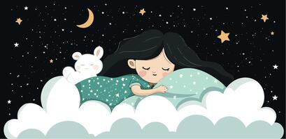 Dreamy illustration of a girl sleeping on fluffy clouds under a moonlit sky with stars and a bunny, ideal for bedtime themes. vector