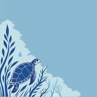 Sea turtle swimming in blue ocean with algae and drop of water vector