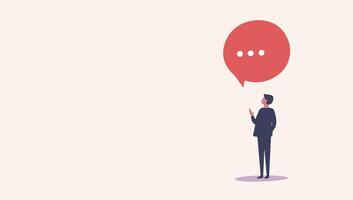 Minimalist illustration of a businessman holding a red speech bubble with three dots, symbolizing communication or ideas in business. vector