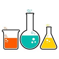 Laboratory beakers and flasks with bubbles. Science technology. vector
