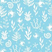 Shells, corals, sea stars and crab seamless pattern. Background in marine style. vector