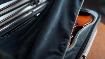 A violin is sitting in a suitcase on a table video