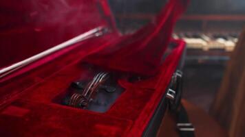 un rojo caso con un violín dentro de eso video