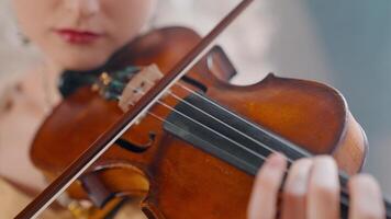 ein Frau ist spielen ein Violine im Vorderseite von ein Kamera video