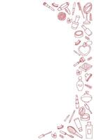 vertical illustration of a frame with cartoon style drawings of cosmetics and perfumes on one side on a white background. card, postcard or invitation template. vector