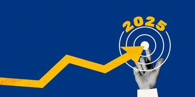 Achieve goal in 2025 year concept art collage. Rising arrow chart halftone hand pointing to center of dartboard. Business goal, achieve targets, success. Modern retro illustration vector