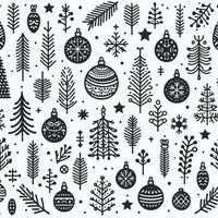 Seamless Pattern With Christmas Fir Trees. Simple Line Art Design Elements For Cards, Invitations, Banners, Posters, Logo, Print. Black And White Snowflake background, linear pine cones vector