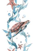 Turtle, sea blue algae with leaves wriggling in wave with bubbles and coral starfish. Hand drawn watercolor illustration of underwater world. Seamless vertical border pattern for long projects design vector
