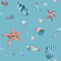 Seashells, starfish, seaweed, fish and bubbles. Watercolor illustration of underwater world hand drawn Seamless pattern on blue background for fabric, textile, prints, design and decoration. vector