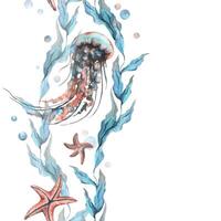 Jellyfish, sea blue algae with leaves wriggling in wave with bubbles and coral starfish. Hand drawn watercolor illustration of underwater world. Seamless vertical border pattern for long projects vector