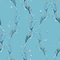 Sea blue algae with leaves wriggling in a wave with bubbles. Watercolor illustration of the underwater world hand drawn. Seamless pattern on a blue background for fabric, textile, prints, design. vector