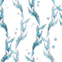 Sea blue algae with leaves wriggling in a wave with bubbles. Watercolor illustration of the underwater world hand drawn. Seamless pattern on a white background for fabric, textile, prints, design. vector